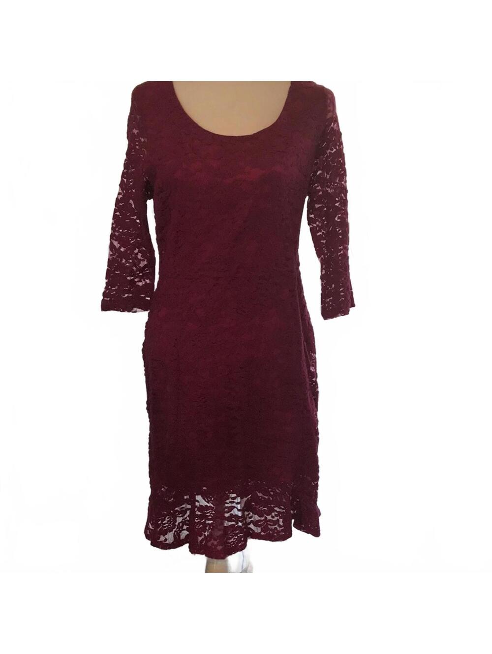 NY Collection Petite Lace Sheath Dress Size Small Burgundy Magenta 3/4 Sleeve